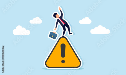 Businessman almost falling from a warning sign illustration of being cautious when following work procedures