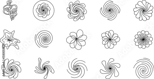 Vector art of a variety of abstract spiral designs and patterns, featuring curved and swirling shapes, isolated on white background