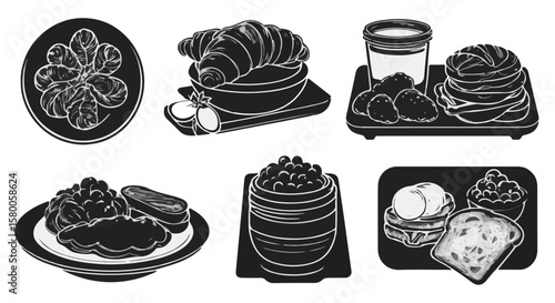 Delicious breakfast assortment featuring spinach, croissant, eggs, pancakes and more, perfect for starting the day with a tasty meal, silhouette
