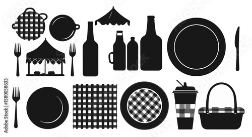 Picnic time collection of black and white icons featuring tableware and dining necessities perfect for summertime gatherings, silhouette
