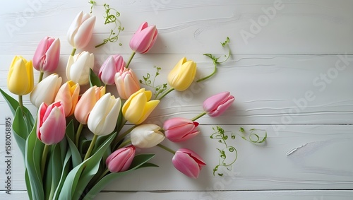 Flat lay greeting card with fresh tulips and white wood background