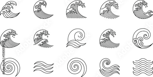 Vector art of a series of stylized line drawings of ocean waves in various shapes and forms