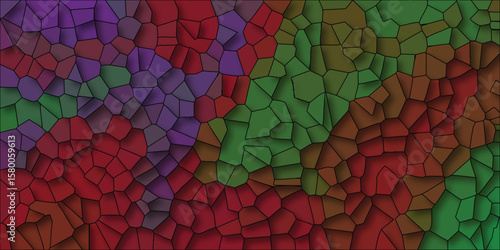 Abstract mosaic of interconnected polygonal shapes displaying a gradient color scheme and distinct black outlines creates a modern aesthetic.