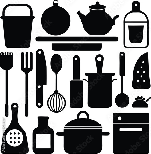 Vector icon set of kitchen utensils for cooking food and drink
