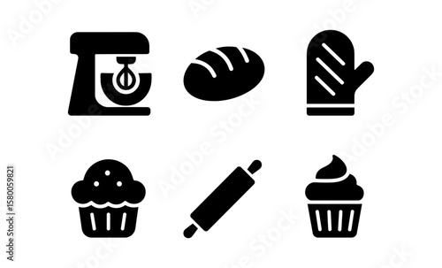 Baking icon set: mixer, bread, oven mitt, cupcake, rolling pin, frosting