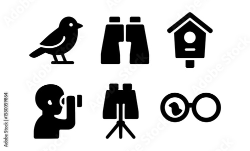 Bird watching icons set: binoculars, birdhouse, silhouettes, and observers