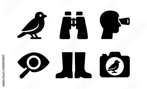 Birdwatching icons: binoculars, bird, boots, camera, eye, head silhouettes