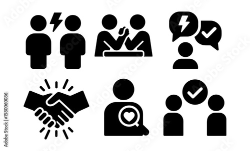 Conflict resolution icons: negotiation, teamwork, and communication symbols