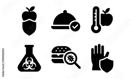 Food safety icons: temperature control, biohazard alert, hygiene practices, freshness check