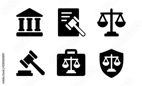 Collection of legal icons including gavel, scales, and courthouse symbol