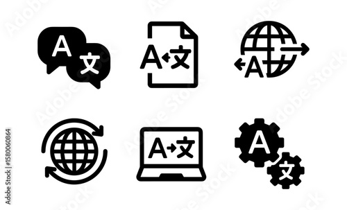 Language translation icon set featuring chat bubbles, documents, globe, arrows, laptop, and gear symbols