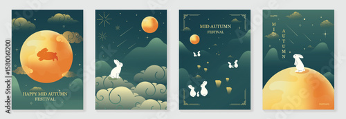 Happy mid autumn festival poster vector set. Wallpaper template with cute rabbit, moon, mountain, lantern, meteor, cloud on green background. Illustration design for cover, banner, flyer, card, ads.