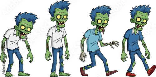 Cartoon zombie character evolution, animated undead walking cycle, spooky monster transformation stages, Halloween horror illustration, scary green zombie animation art