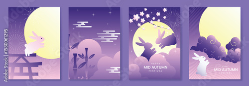 Happy mid autumn festival poster vector set. Wallpaper template with cute rabbit, moon, cloud, cherry blossom, bamboo on purple background. Illustration design for cover, banner, flyer, card, ads.