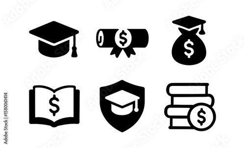 Education and finance icons: graduation cap, diploma, and money symbols in black and white