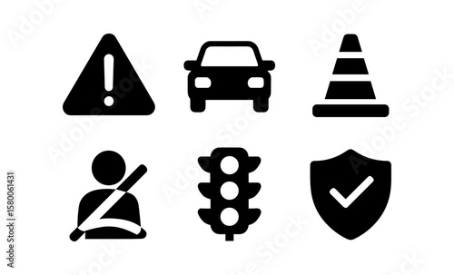 Traffic safety icon set: cone, car, alert, seatbelt, traffic light, shield
