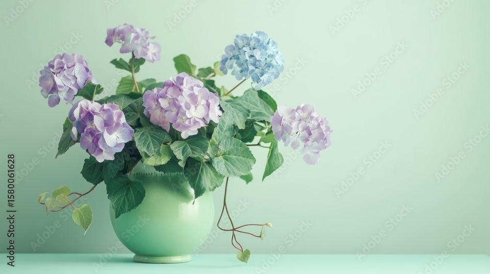 Fototapeta premium Hydrangea blossoms in a light green vase against a mint green backdrop
