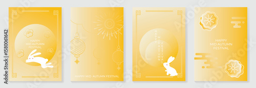 Happy mid autumn festival poster vector set. Wallpaper template with cute rabbit, moon, cloud, mooncake, frame, lantern on yellow background. Illustration design for cover, banner, flyer, card, ads.
