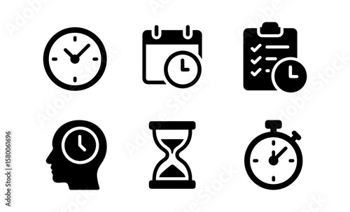 Time management icons: clock, calendar, checklist, mind, hourglass, stopwatch symbols