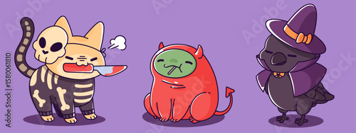 Kawaii Halloween character set - skeleton cat with bones costume and knife, green frog in red devil suit, mysterious crow wizard with pointed hat and cape. spooky mascots for October celebration.