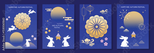 Happy mid autumn festival poster vector set. Wallpaper template with cute rabbit, moon, cloud, firework, flower, pattern on blue background. Illustration design for cover, banner, flyer, card, ads.