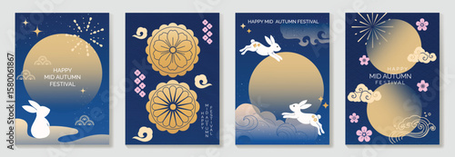 Happy mid autumn festival poster vector set. Wallpaper template with cute rabbit, moon, cloud, firework, flower, pattern on blue background. Illustration design for cover, banner, flyer, card, ads.