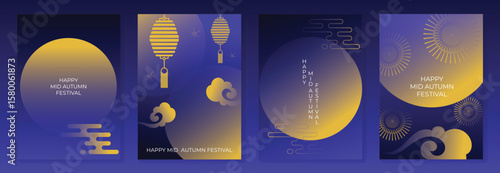 Happy mid autumn festival poster vector set. Wallpaper template with cute rabbit, moon, cloud, firework, lantern on dark blue background. Illustration design for cover, banner, flyer, card, ads.