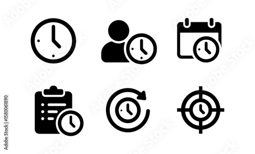 Time management icons: clock, calendar, planner, schedule, target