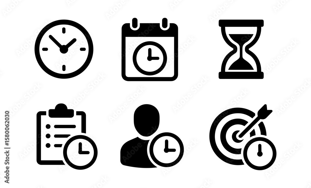 Fototapeta premium Time management icons: clock, calendar, hourglass, checklist, profile, target