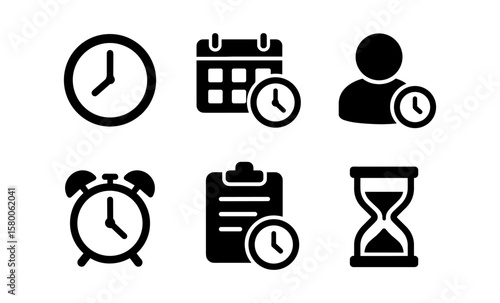 Time management icons: clock, calendar, alarm, clipboard, hourglass, and person
