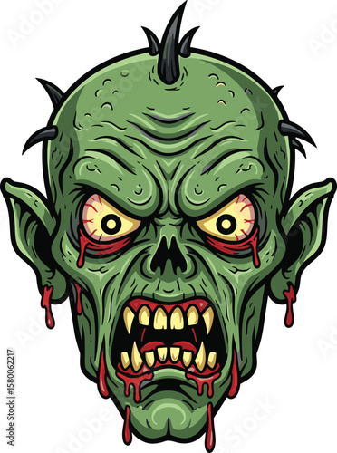 Scary zombie head cartoon illustration, creepy undead monster face, horror Halloween character design, evil green creature with bloody mouth