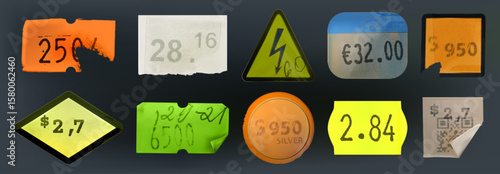 Vintage price stickers and old retail tags - torn paper labels with numbers, triangular warning sign, rounded badges, square markers with handwritten text. Adhesive pricing elements for shop displays.