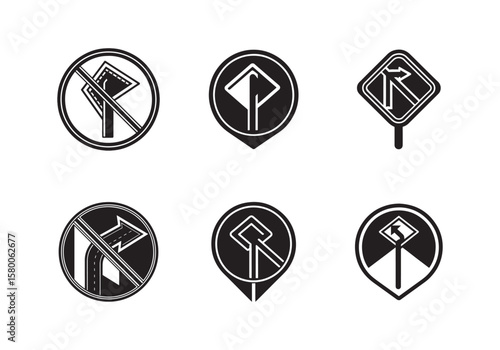 set of no left turn road sign line art vector illustration