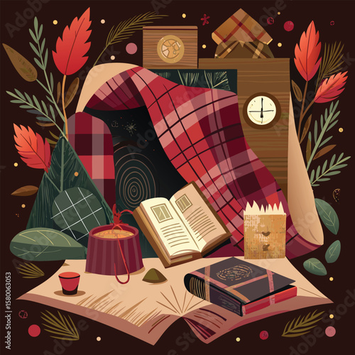 Vintage bed in a festive Christmas morning hotel room, adorned with a ribbon, antique books, and flowers, creating a loving holiday celebration design