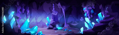 Magic cave interior with glowing blue crystals illuminating purple rock formations - mystical underground chamber with luminous gems, stalactites dripping from ceiling. Fantasy dungeon scene.