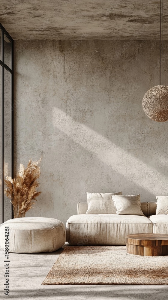 Obraz premium Interior design of a modern apartment, featuring a beige sofa in the living room with gray armchairs and a black wall mock-up for a sophisticated look. Home design, Generative AI