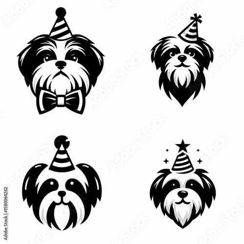 A Shih Tzu Dog wear party hat. Cute Cartoon Clipart Silhouette Vector Illustration Line Art Illustration. Tiny canine in costume headwear celebration festive event breed.