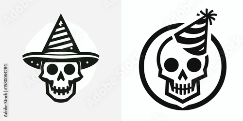 A skeleton wear party hat. Cute Cartoon Clipart Silhouette Vector Illustration Line Art Illustration. Bony figure sport cone chapeau for merrymaking costume concept.