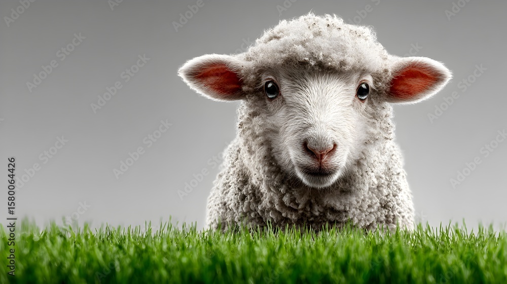 Obraz premium A cute and fluffy lamb sits happily in the vibrant green grass with a soft grey background on a sunny day.