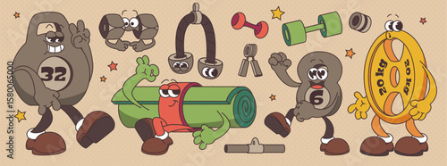 Groovy sport equipment characters with cartoon faces - smiling kettlebell, flexing dumbbell, yoga mat, hand grippers and weight plates doing exercises. Retro fitness mascots for gym workout stickers.