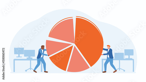 Two people pushing a large pie chart in an office setting near desks and computers shown in illustration