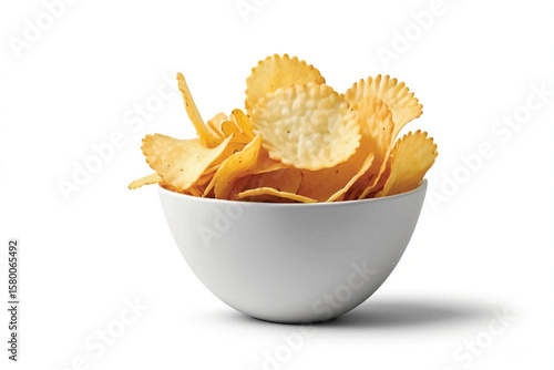 A side view of a snack bowl of savoury potato chips party food, crispy nibbles isolated against a transparent background	