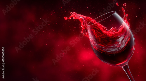 Red wine splashes inside a glass against a vibrant deep red backdrop. This striking visual captures the essence of fine dining and luxury. Concept of hospitality, wine tasting, event planning