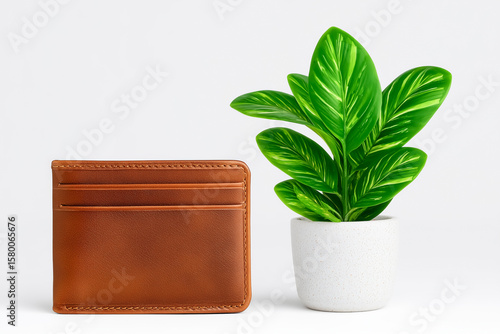 Brown wallet placed next to a lively green plant in a clean, light grey background. Concept of finance, lifestyle, office decor, home organization