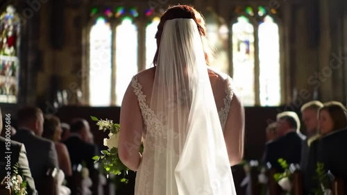 Bride walking down church aisle soft lighting stained glass windows historic church wedding ceremony