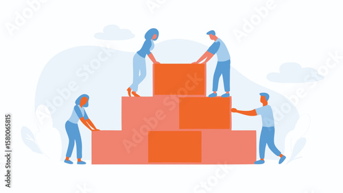 People building a staircase with orange blocks in a collaborative team effort to achieve a goal