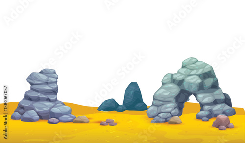 Stylized cartoon landscape featuring a sandy ground with abstract rock formations in blue and gray hues against a white background