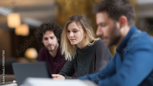 Young professionals collaborating on project, focused teamwork in modern office environment, creative and productive mood