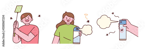People using various tools to eliminate mosquitos. Includes a person holding an electric mosquito swatter, a woman applying mosquito spray, and a hand spraying insect repellent. 