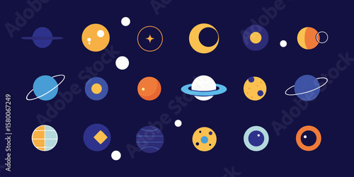 Vector art of a collection of colorful, stylized planets and celestial bodies floating in deep space.